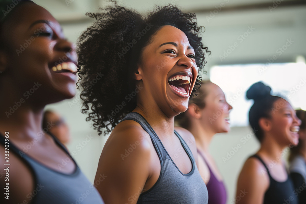 Group of joyful women laughing together during a fitness class