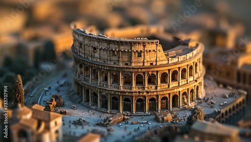 Golden hour light on a miniature style colosseum, architectural model photography, perfect for tourism and history. AI photo