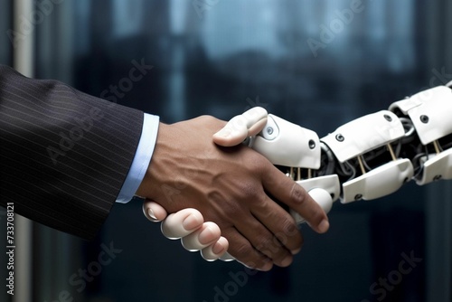 AI-generated illustration of an adult shaking the hand of a robotic companion