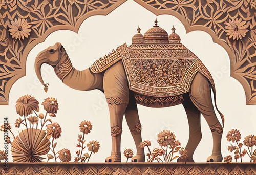 Indian Mughal camel garden pattern illustration. Generative AI photo