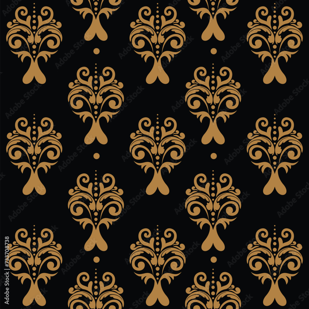 Damask golden pattern design on black background Damask golden pattern design on black background