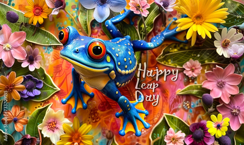 Vibrant and cheerful frog mid-leap celebrating Happy Leap Day surrounded by a burst of colorful spring flowers and foliage photo
