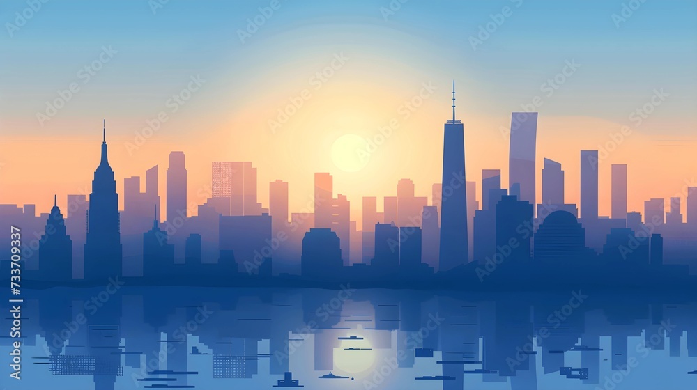 Digital art of a city skyline at sunrise, with silhouettes of skyscrapers reflected on water in shades of blue and orange.