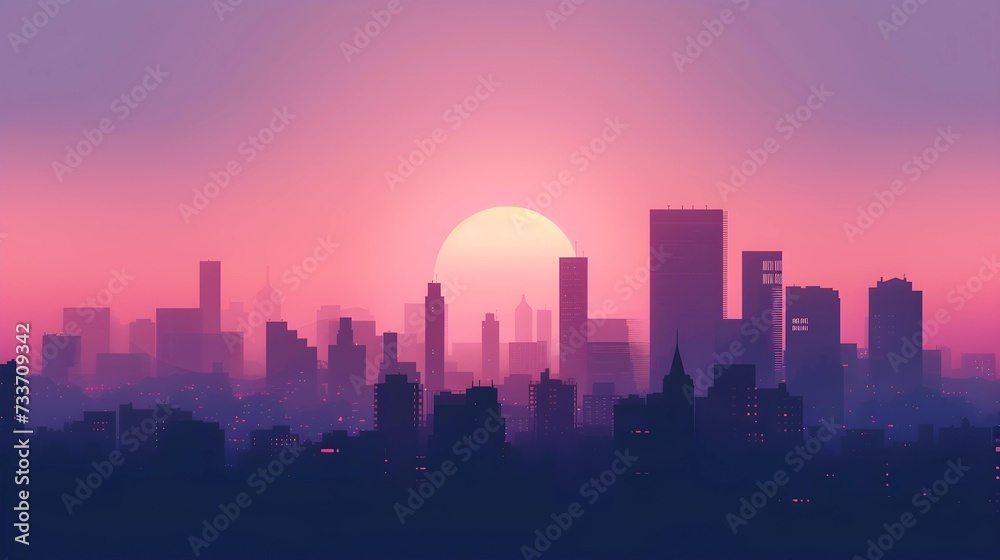 Digital illustration of an urban skyline at sunset, with building silhouettes set against a radiant pink and purple sky.