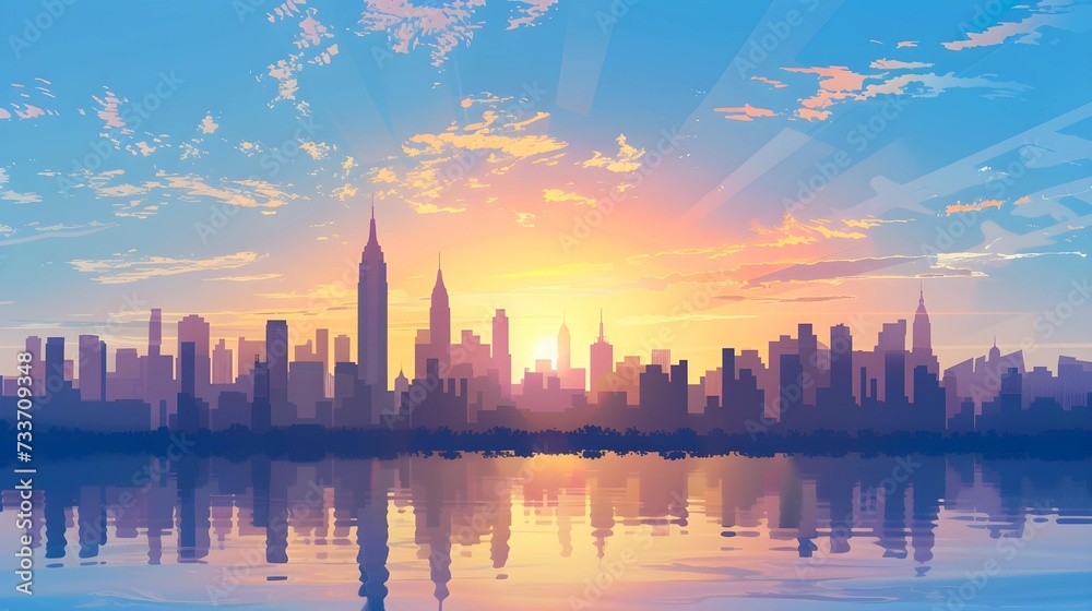 Fototapeta premium A vibrant digital artwork showcasing a stylized city skyline at sunrise with skyscraper silhouettes reflected on water against a sky with dynamic clouds.