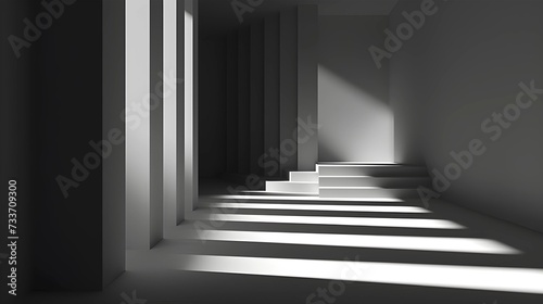 Stark monochrome image of a modern staircase with dramatic shadows and light, creating a powerful architectural statement.