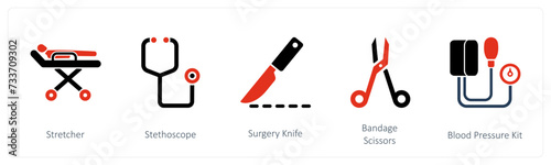 Stretcher, Stethoscope, Surgery Knife