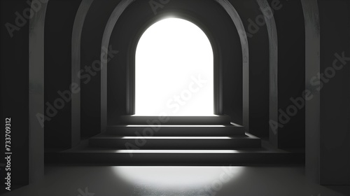 Monochromatic image of an abstract archway leading to a bright light, symbolizing hope and the unknown.