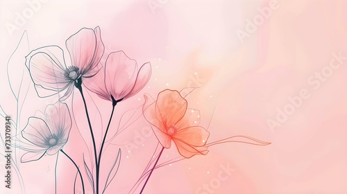 Delicate line art of flowers with transparent petals over a dreamy pastel pink background, perfect for elegant designs and wallpapers.