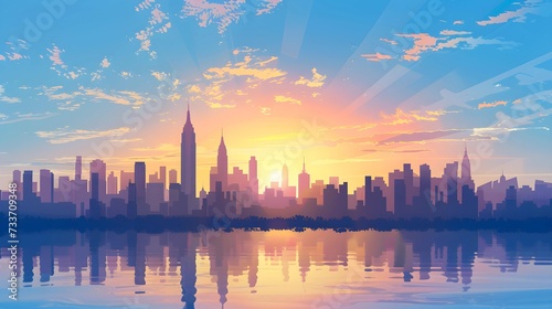 A vibrant digital artwork showcasing a stylized city skyline at sunrise with skyscraper silhouettes reflected on water against a sky with dynamic clouds.