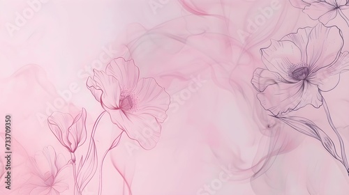 Artistic rendering of translucent flowers with fine line detailing, floating on a soft pink misty background.