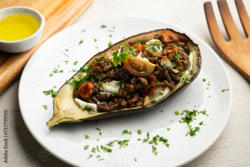 Eggplant tapa stuffed with beef and mozzarella. Traditional recipe of Spanish gastronomy.