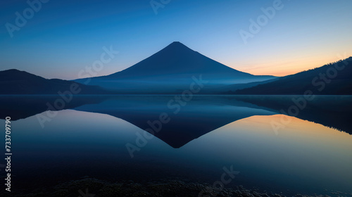 Twilight calmness with symmetric reflection of volcanic mountain in lake waters