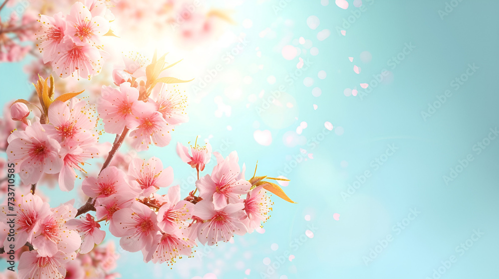 sakura branch closeup against blue sky background with space for text