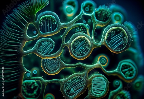 Microscopic view of a cyanobacteria (blue-green algae, Oscillatoria) filaments. Polarized light with crossed polarizers. Generative AI photo