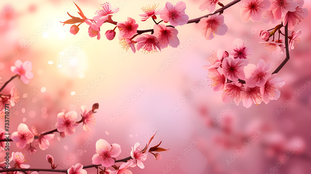 sakura branch closeup with space for text on pink background