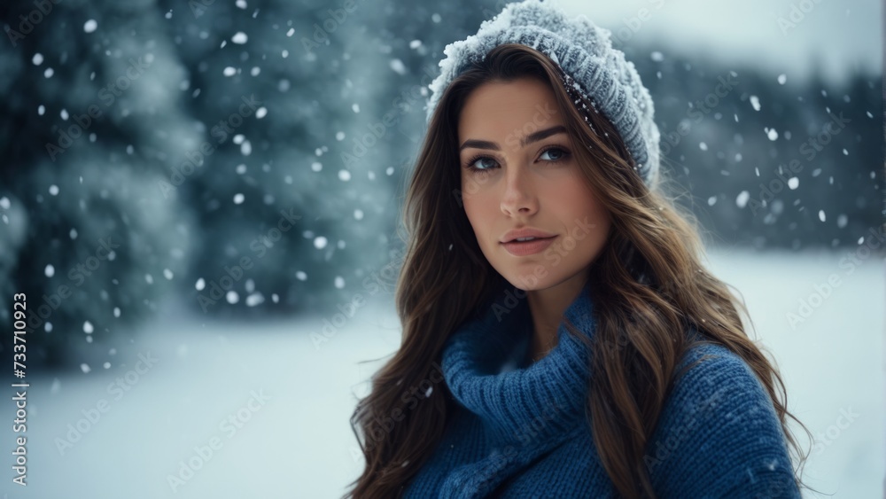 A smiling young woman in a blue sweater is captured in close-up as delicate snowflakes gently fall around her against the backdrop of winter mountains. A smiling young woman in a blue sweater is captured in close-up as delicate snowflakes gently fall around her against the backdrop of winter mountains.