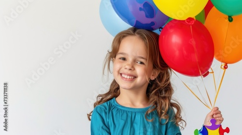 World autism awareness day April 2. Autism Spectrum Disorder concept, ASD. Little girl with colorful puzzle design balloon symbol of public awareness for autism spectrum disorder. Caring, Speak out