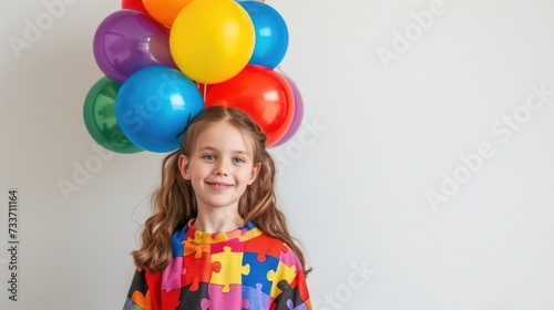 World autism awareness day April 2. Autism Spectrum Disorder concept, ASD. Little girl with colorful puzzle design balloon symbol of public awareness for autism spectrum disorder. Caring, Speak out