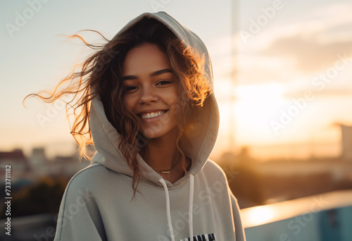 A portrait of a 20s Cuban woman in grey hoodie looking at camera smiling standing on a building rooftop at sunrise time photo