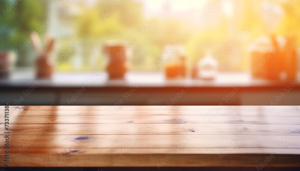 Wooden table on blurred kitchen background