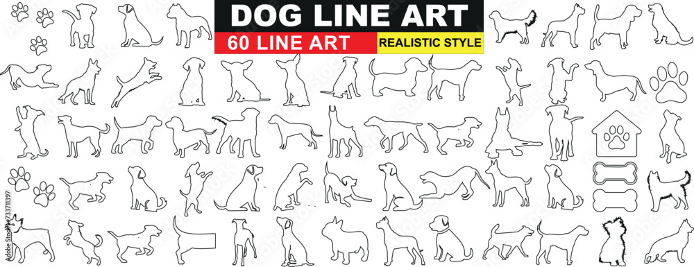 minimalist dog line art collection. Perfect for logos, icons, creative projects. Versatile vector illustrations of various breeds in dynamic poses
