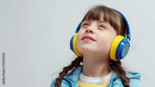 Concept  of World Down Syndrome Day. Child with music headset. Autism, disability, solidarity, awareness