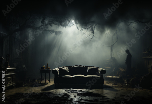 a dark creepy living room of an abandoned house tree grown on with light by table lamps and moon light shine through foggy with a man silhouette standing in background