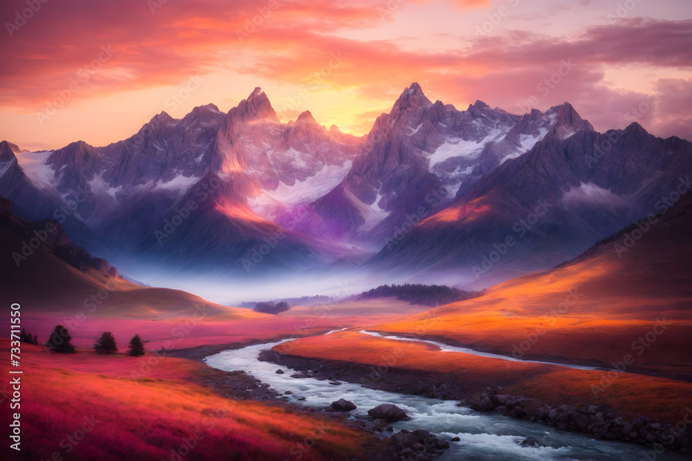 A landscape of mountains with a beautiful sunset