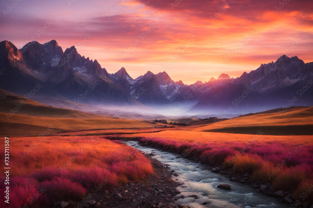 A landscape of mountains with a beautiful sunset