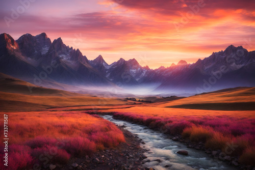 A landscape of mountains with a beautiful sunset