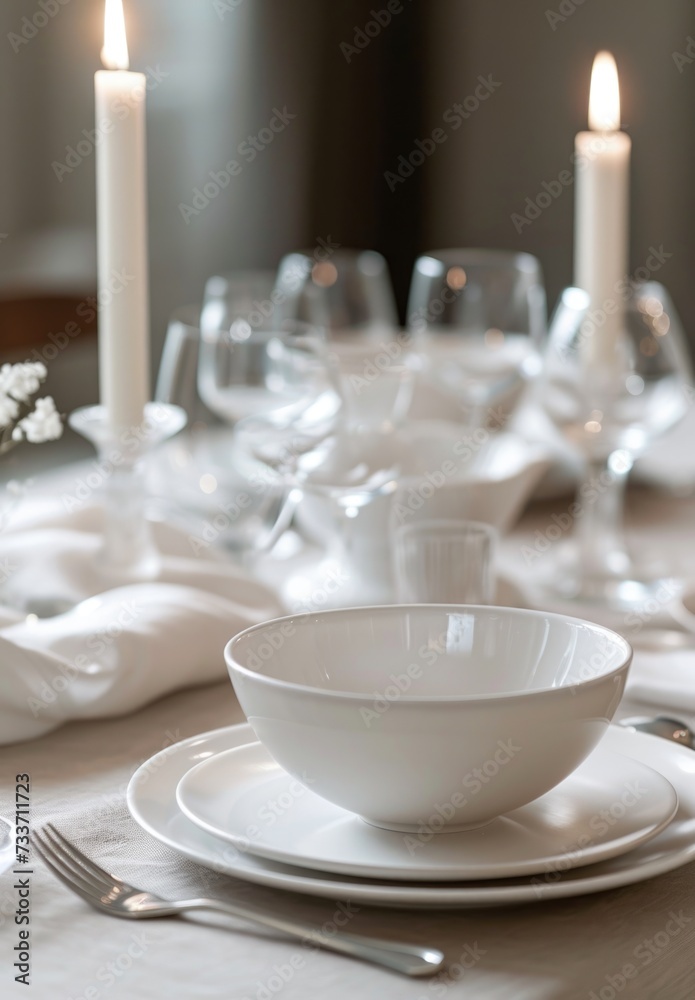 A set of white glassware. Table setting A set of white glassware. Table setting