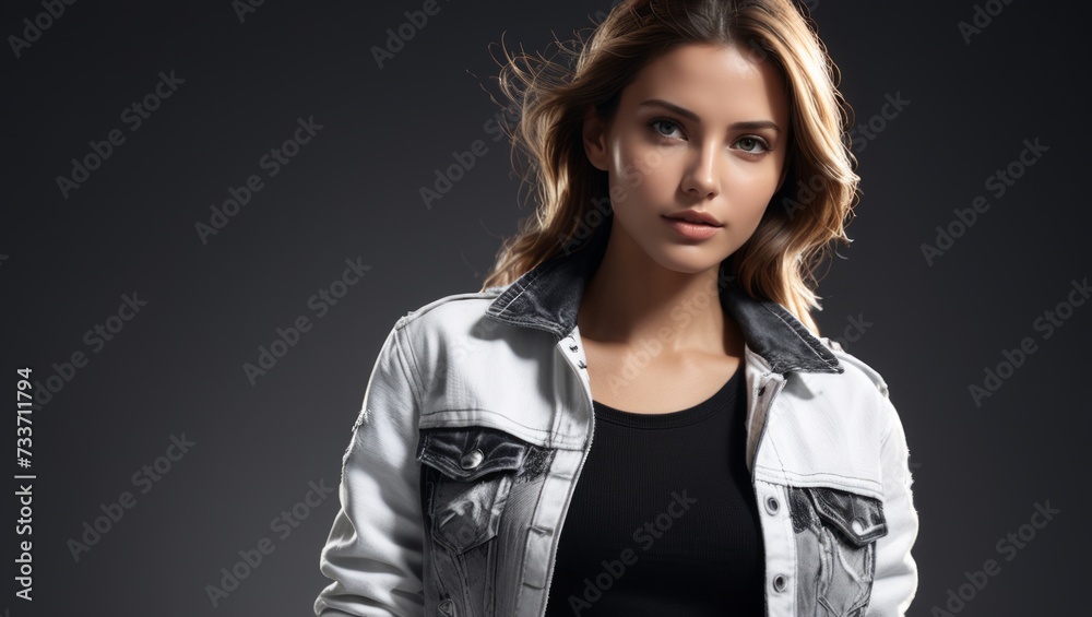 A poised young woman in a fashionable denim jacket looks directly at the camera with an expression of casual confidence. A poised young woman in a fashionable denim jacket looks directly at the camera with an expression of casual confidence.