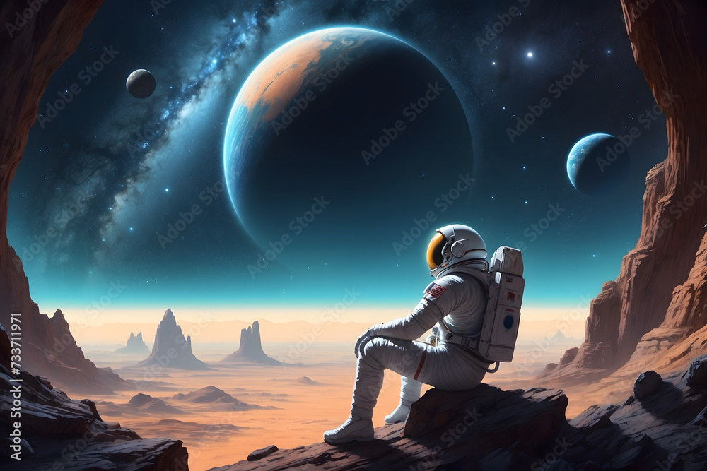 An astronaut sitting and staring at the sky on a planet