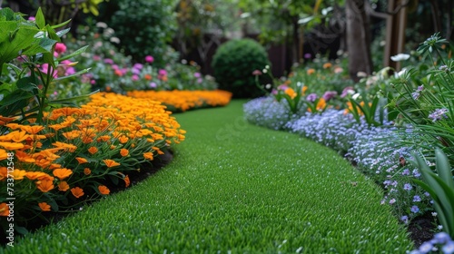 Curved flowerbed with orange and purple flowers and green lawn.