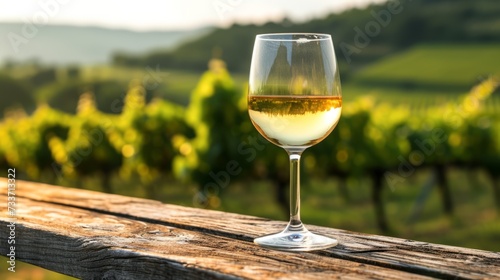 A glass of white wine against the backdrop of a grape plantation. Wine tasting in nature.