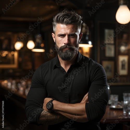 A man exuding confidence with a well-groomed beard, styled hair, and crossed arms stands in an ambient bar, wearing a black shirt and a watch. 