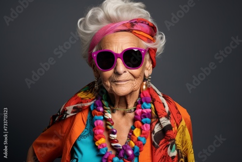 Portrait of a beautiful senior woman in stylish clothes and sunglasses.