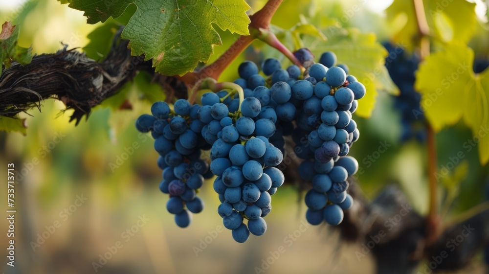 Bunches of ripe fresh grapes hang on a bush. Growing grapes for wine and juice production.