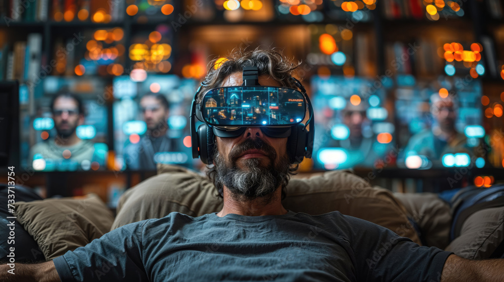 A bearded man steps into a bustling virtual city, his face hidden behind futuristic goggles and street clothes, ready to escape reality A bearded man steps into a bustling virtual city, his face hidden behind futuristic goggles and street clothes, ready to escape reality