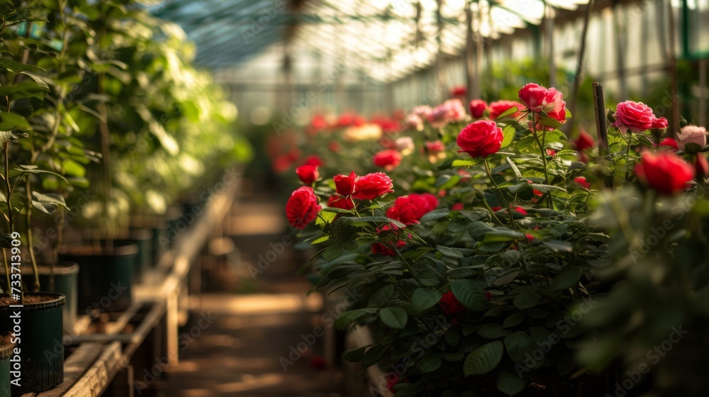 Red rose bushes in a greenhouse. Business concept for growing and selling flowers wholesale.