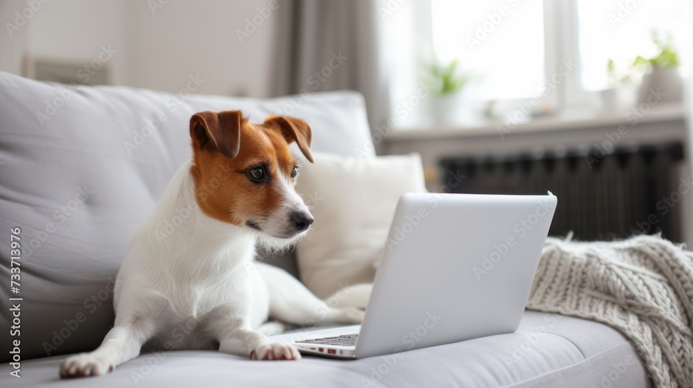 A Jack Russell Terrier dog lies on the sofa near the laptop and looks at the screen. A Jack Russell Terrier dog lies on the sofa near the laptop and looks at the screen.