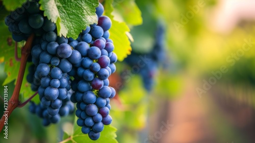 Close-up of grapes on a vine against the background of a vineyard. Illustrating the production process of grapes for winemaking.