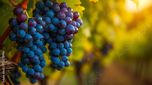 A close-up of a cluster of Merlot grapes set against the backdrop of vineyards, symbolizing the harvest season, grape cultivation, and the transformation process into wine. 