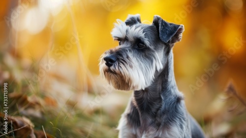 Close-up of a Giant Schnauzer gazing to the side, set against a backdrop of vibrant autumn foliage.