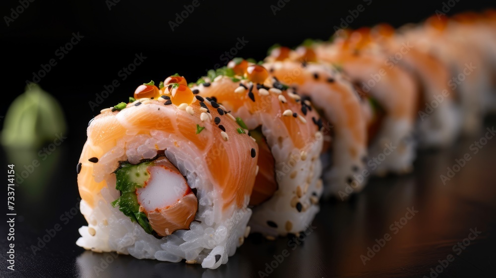 Fresh, mouth-watering sushi with salmon expertly laid out on black background. Japanese food. 