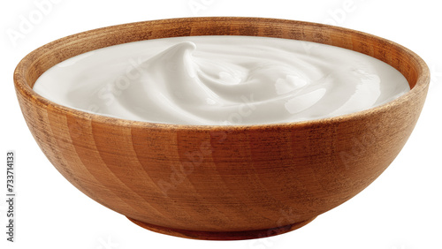 Fotografie Sour Cream in wooden bowl, Mayonnaise, Yogurt, isolated on white background, ful