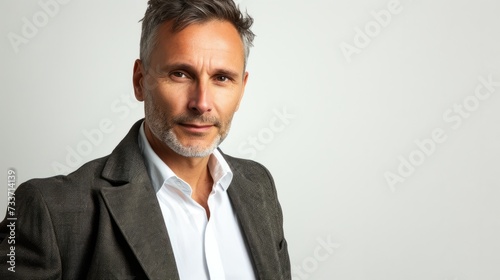 Middle-aged businessman man in jacket and white shirt isolated on grey background.