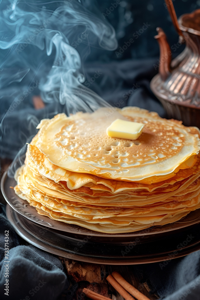 banner Shrovetide pancakes with butter closeup on a dark background with space for text banner Shrovetide pancakes with butter closeup on a dark background with space for text