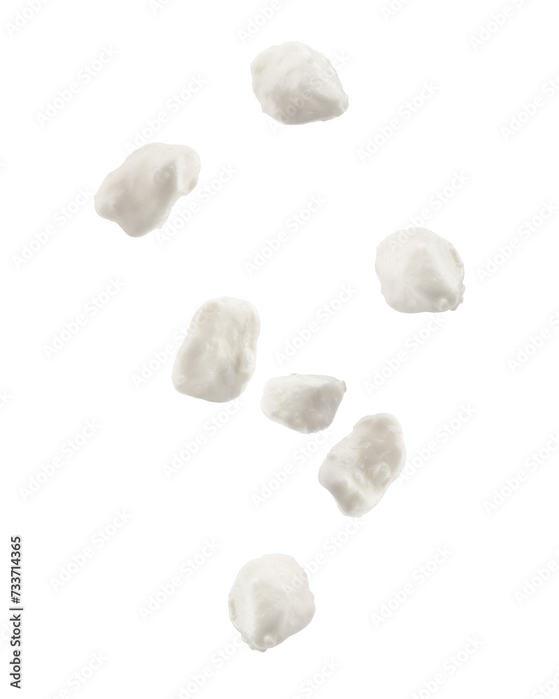 Falling Cottage Cheese, Curd, isolated on white background, full depth of field